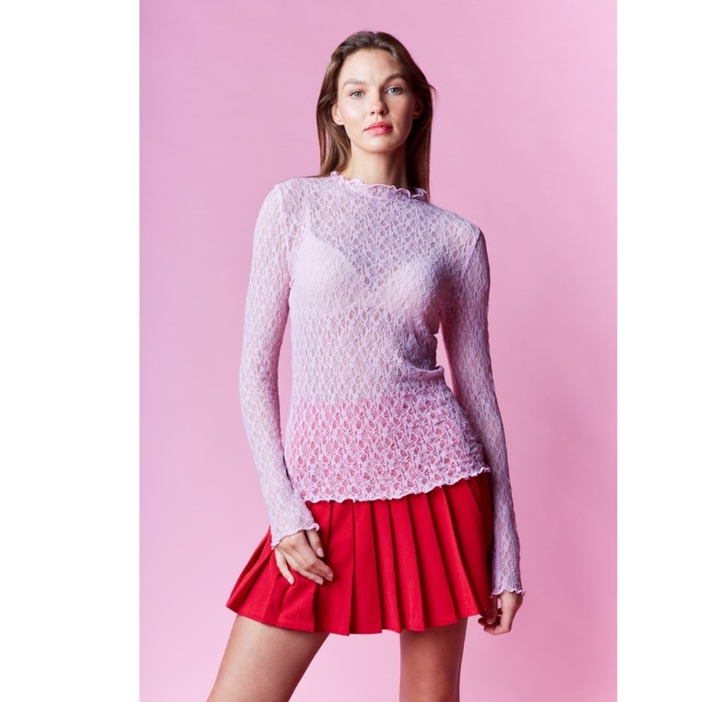 “The Laura" Pale Pink Elegant Sheer Lace Mock Neck Top - Picture 2 of 2